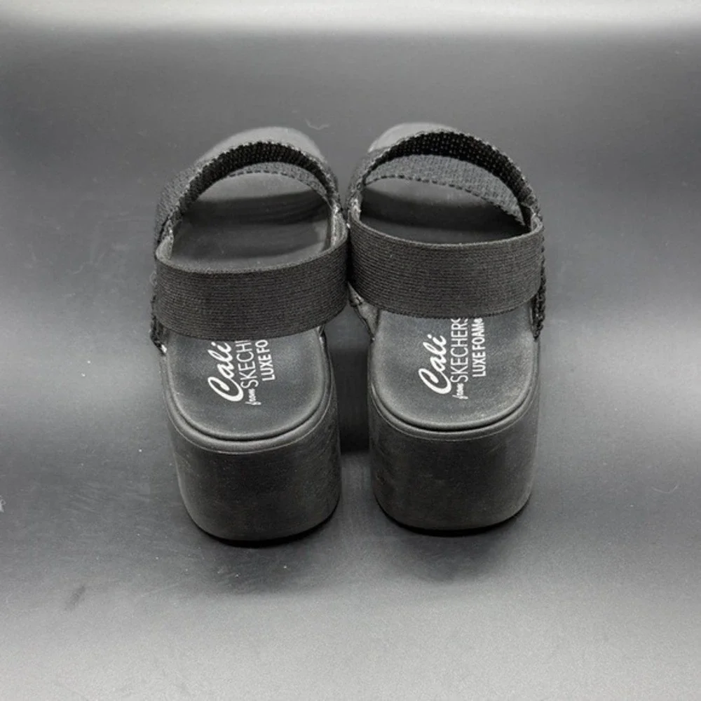 Skechers Cali Luxe Foam Black Wedge Sandals Women‎ Size 8 Elastic Straps
